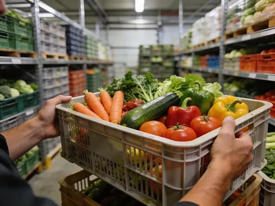 Caisses de légumes frais dans l'entrepôt